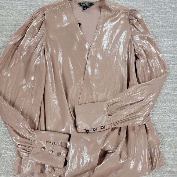 Lauren Ralph Lauren Metallic Blouse Womens M Liquid Pink Surplice Faux Wrap New - Picture 5 of 15